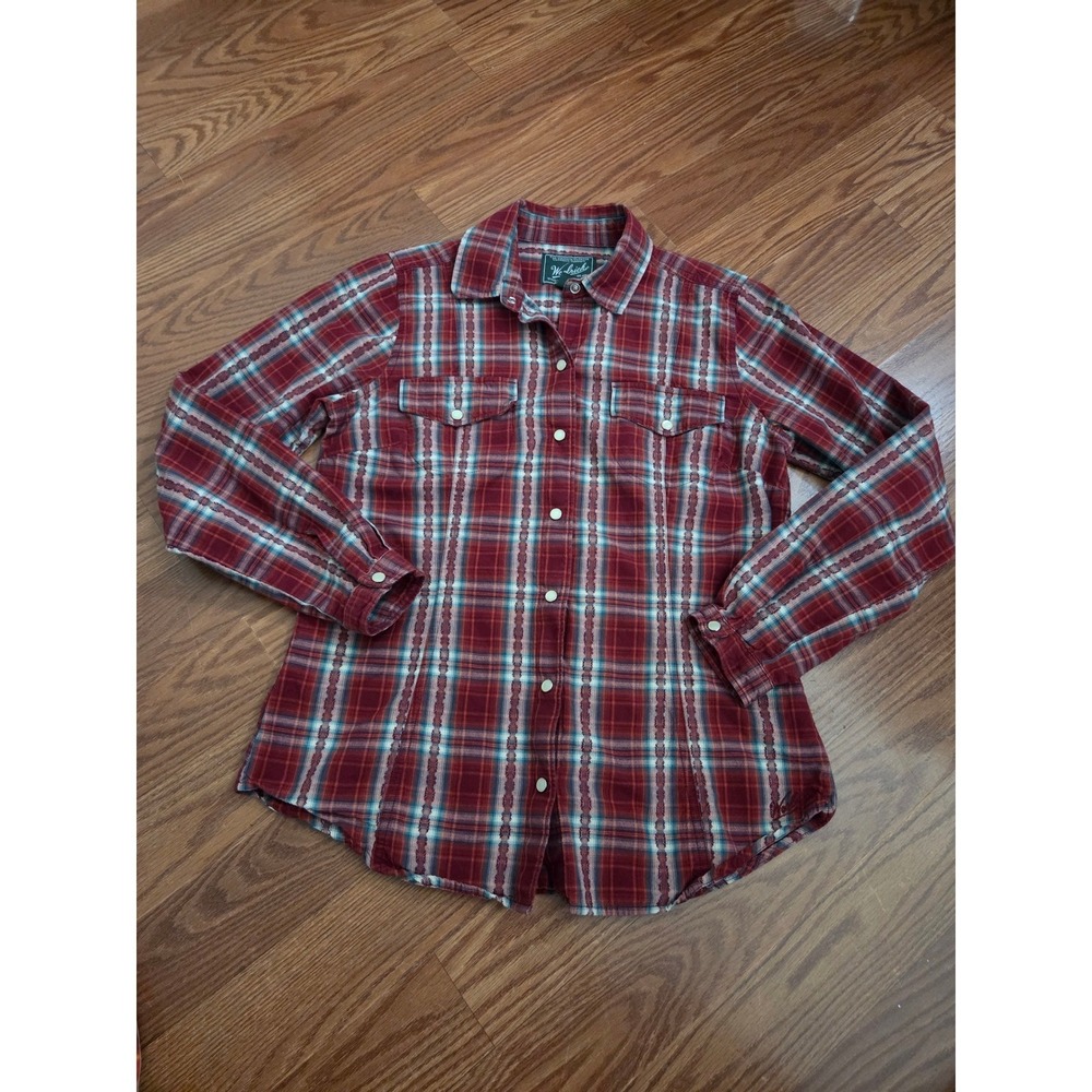Woolrich Womens Red Plaid Button Down Shirt‎ Stitched Stripe Cotton Small 2415